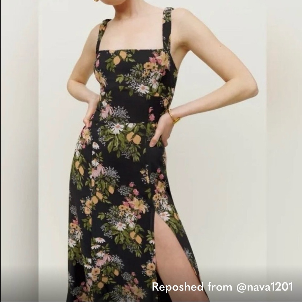Reformation Green Floral Midi Dress with Orange Accents